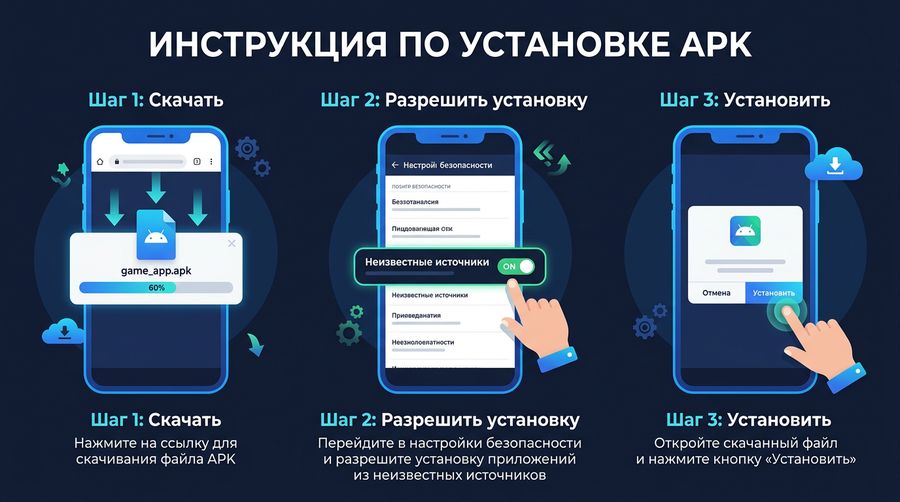 Пошаговая установка 1Win APK на Андроид — три шага: скачать, разрешить установку, установить приложение